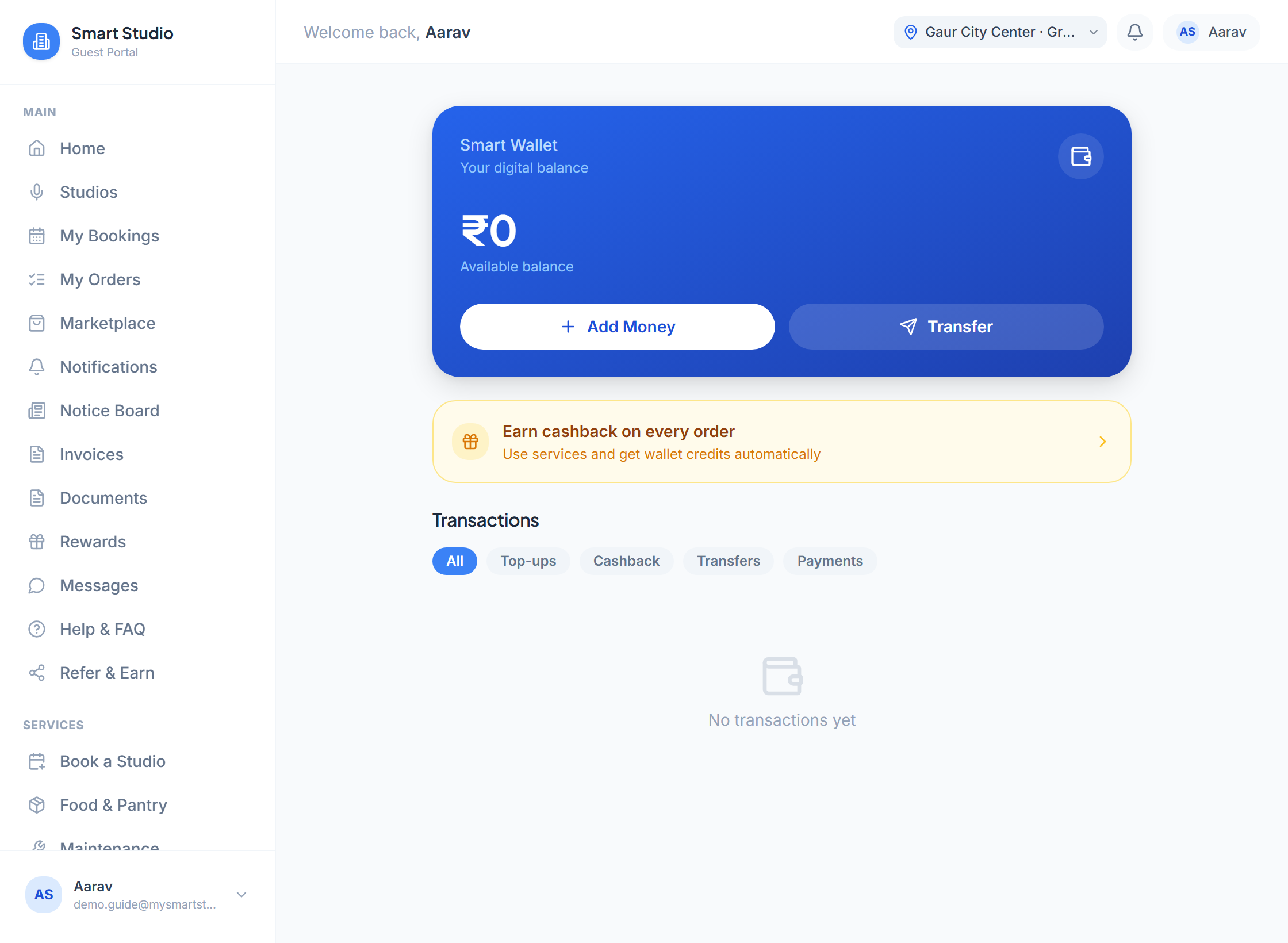 The Smart Wallet page with the available balance, Add Money and Transfer buttons and the transactions list