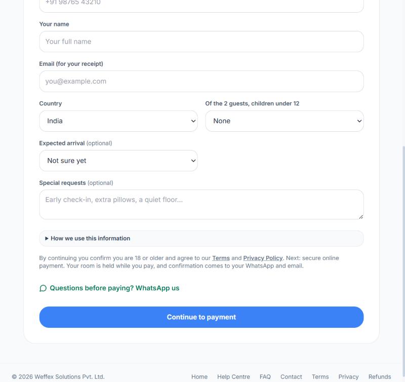 The Who’s staying step with WhatsApp number, name, email, country, children, expected arrival and special requests