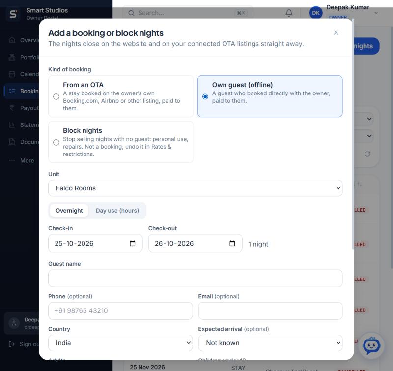 Add a booking or block nights with Own guest (offline) selected