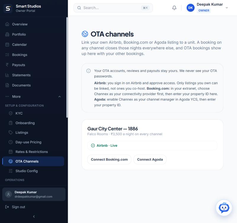 OTA Channels in the owner portal with Airbnb live on a unit