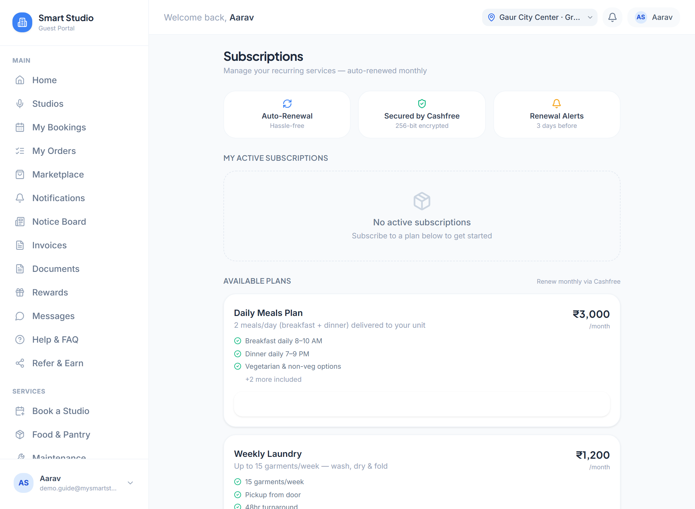 The Subscriptions page with My Active Subscriptions and the Available Plans list