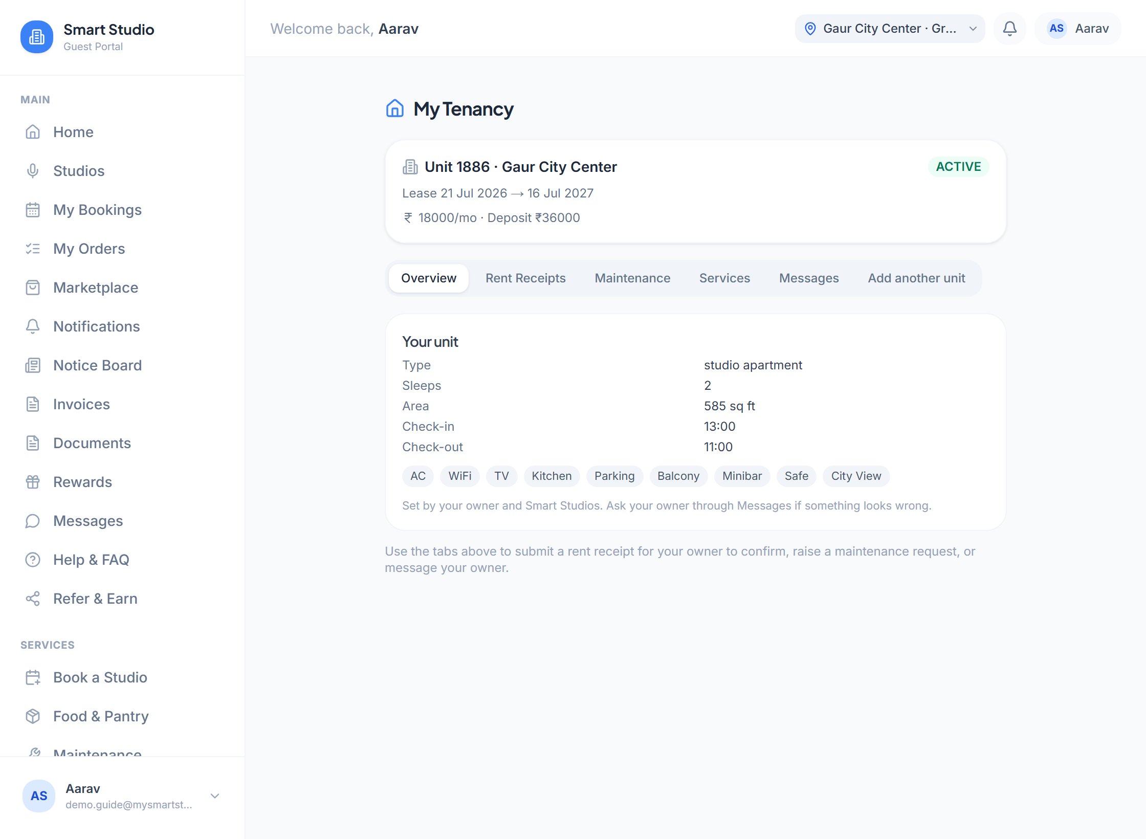 The My Tenancy page showing the unit, lease dates, rent, deposit and the Overview tab